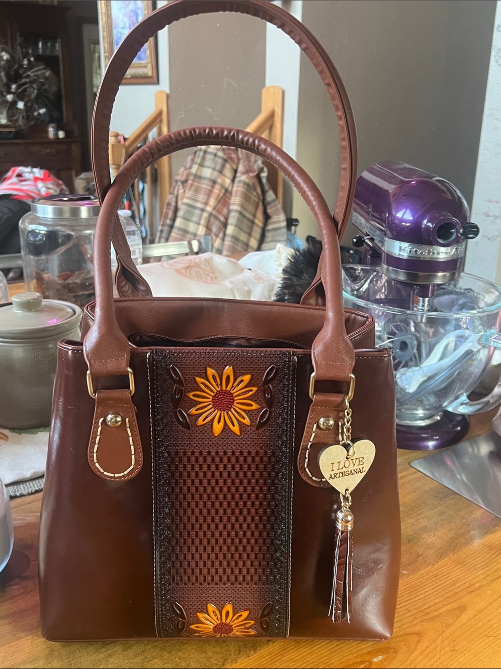 I Love Artesanal Handcrafted in Mexico Brown Tote Bag with Sunflower Accent